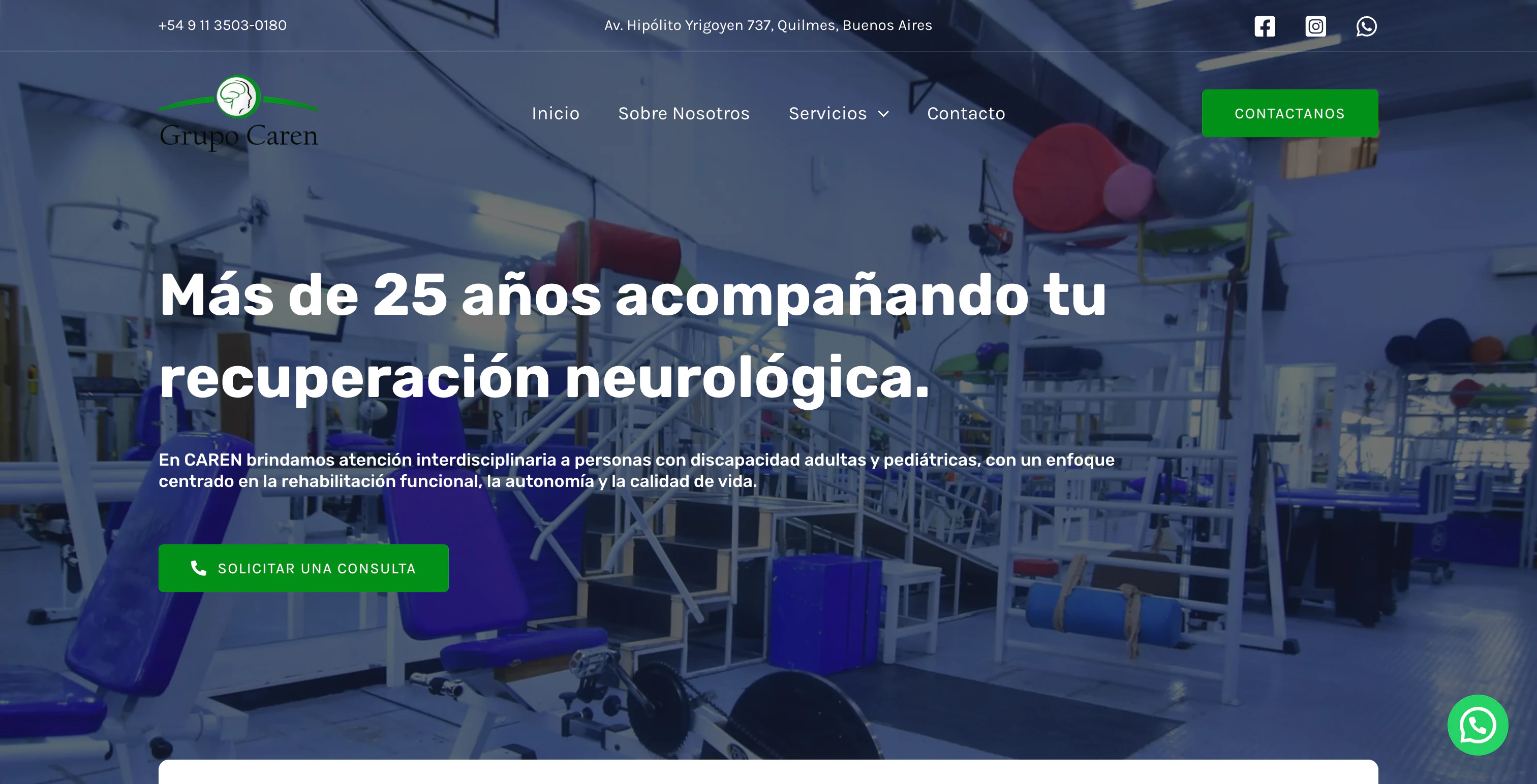 Sitio web de centro de rehabilitación neurológica en Quilmes, Grupo CAREN, vista escritorio