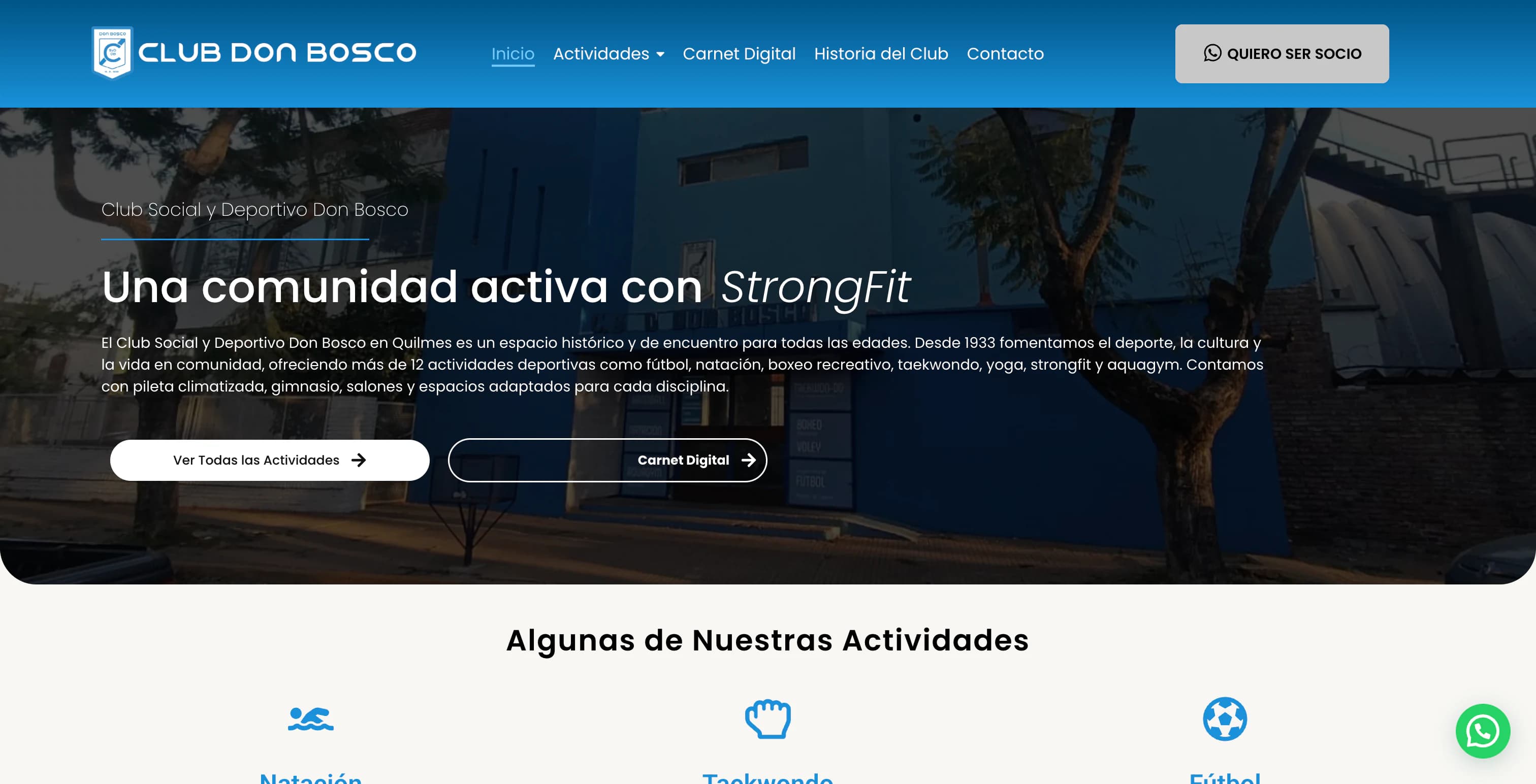 Sitio web de club social y deportivo en Quilmes, Club Don Bosco, vista escritorio