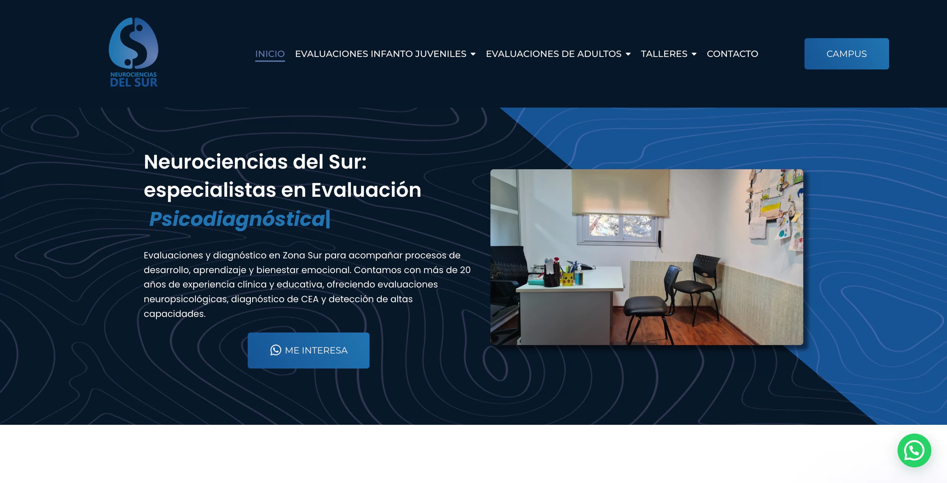 Sitio web de centro de evaluaciones y diagnóstico en Zona Sur, Neurociencias del Sur, vista escritorio