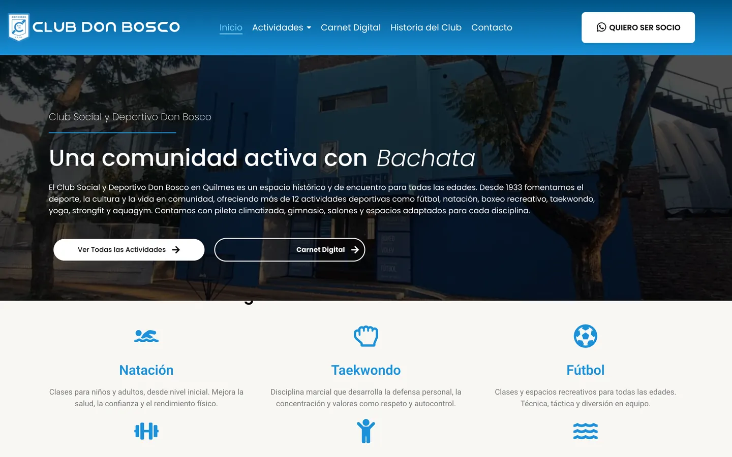 Sitio web de club social y deportivo en Quilmes, Club Don Bosco, vista escritorio
